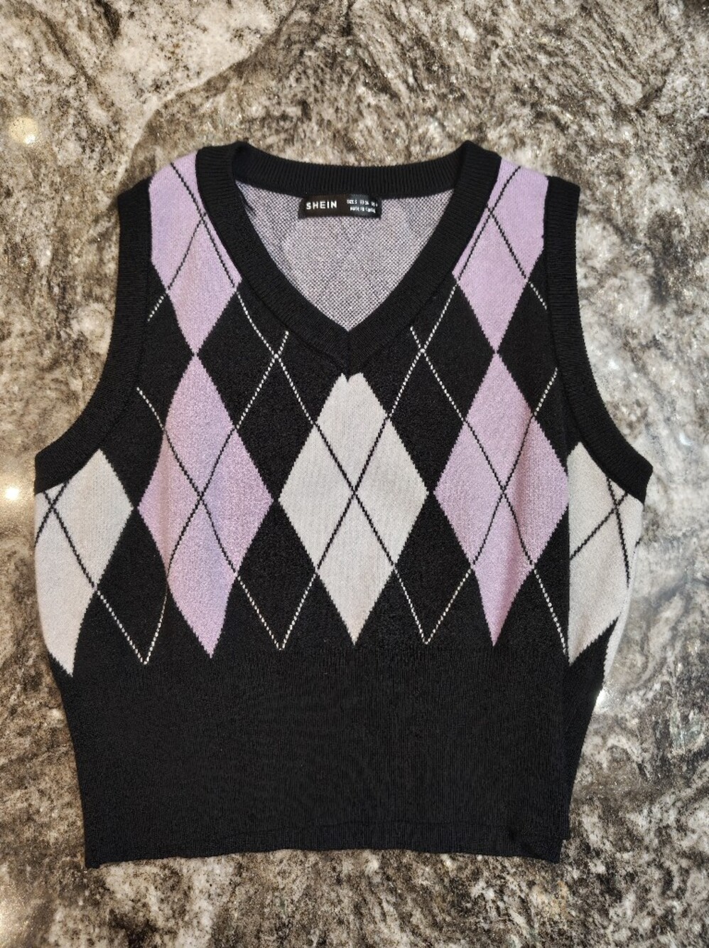 SHEIN Black Argyle V-Neck Sweater Vest with Pink and White Diamonds